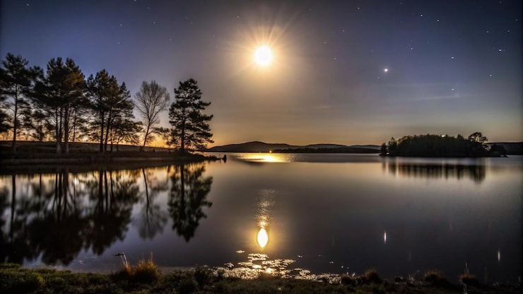 Gratis Foto månebelyst innsjø med stjerneklar himmel og refleksjon