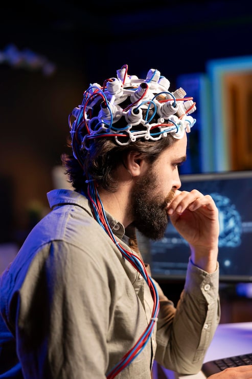 Gratis Foto nevrovitenskapsmann konstruerer transhumanismeeksperiment ved hjelp av eeg-headset