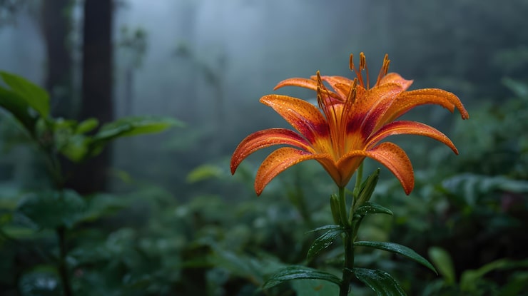 Gratis Foto oransje liljeblomst med duggdråper i tåkete skog