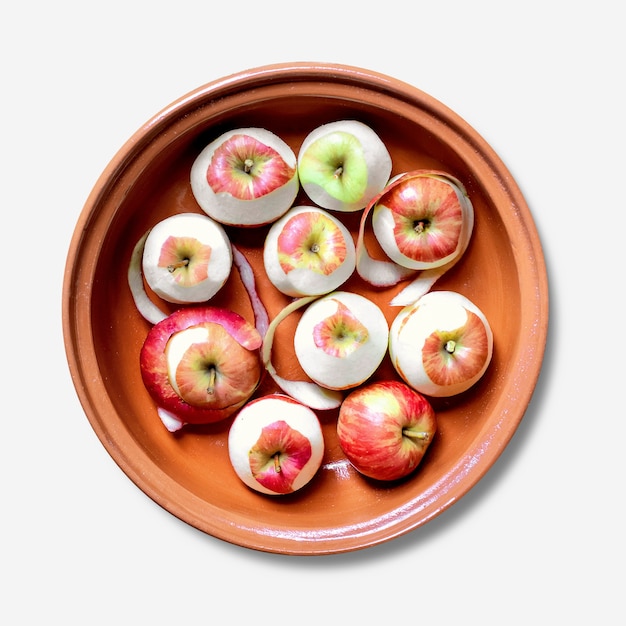Gratis Foto skrelte epler i bolle, flat lay