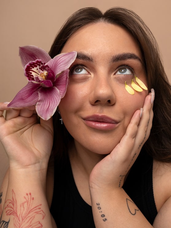 Gratis Foto ung kvinne forfra som poserer med blomst