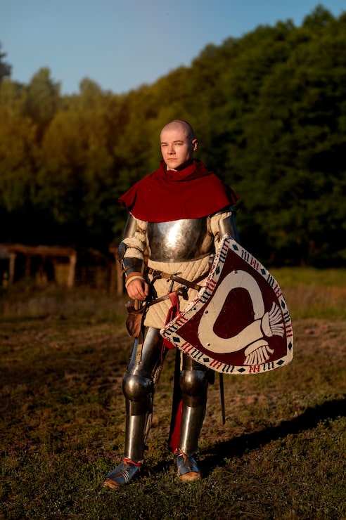 Gratis Foto fuld figur af en mand, der poserer som middelaldersoldat