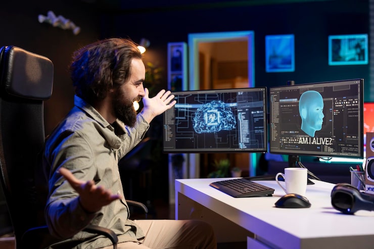 Gratis Bild glad datatekniker firar efter att ha väckt medveten ai