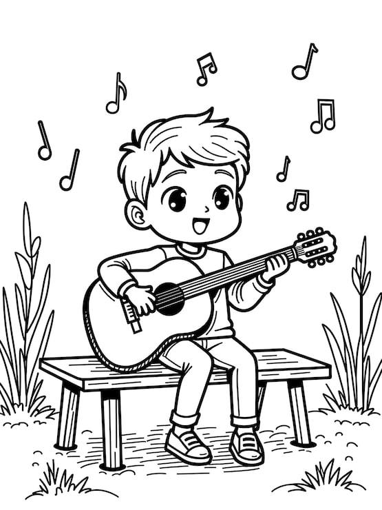 Gratis Bild pojke spelar akustisk gitarr med noter