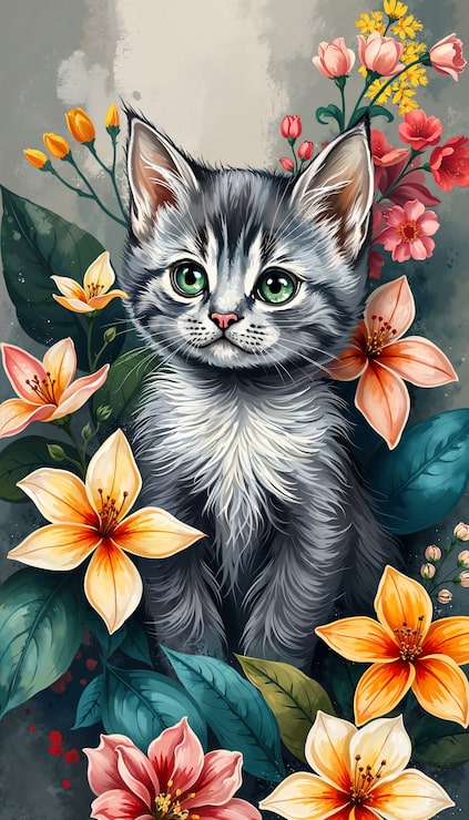 Gratis Bild vacker katt- och blomstertapeter