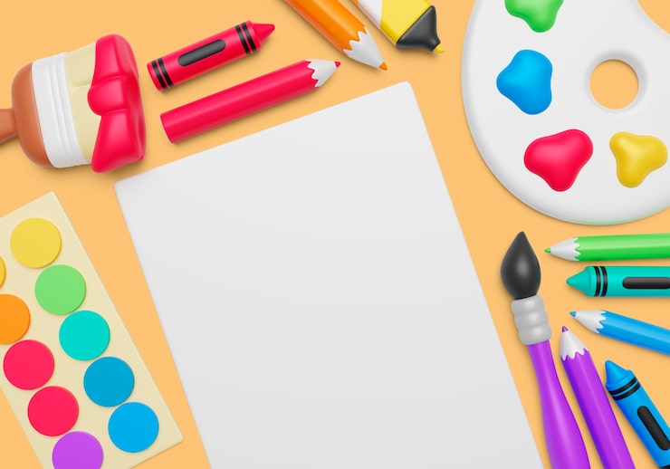 Gratis PSD 3d-bakgrunn med blank banner og kunstutstyr