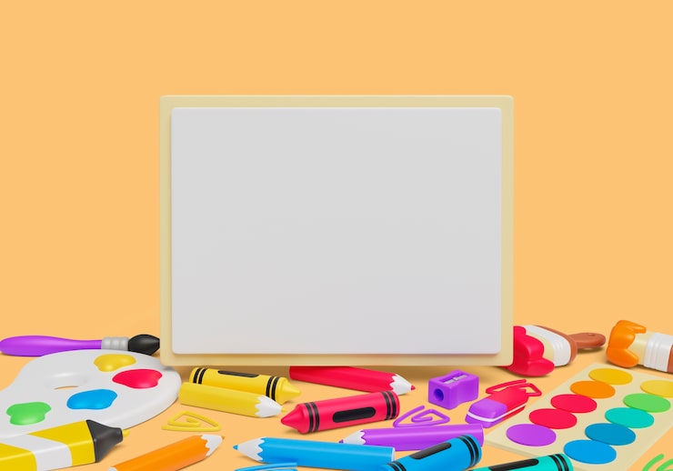 Gratis PSD 3d-bakgrunn med blank banner og kunstutstyr