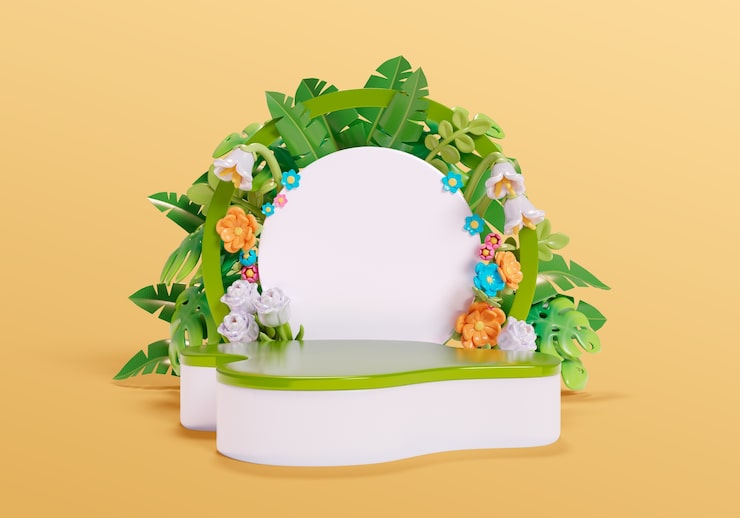Gratis PSD 3d-gjengivelse av natur og blomstersalgspodium