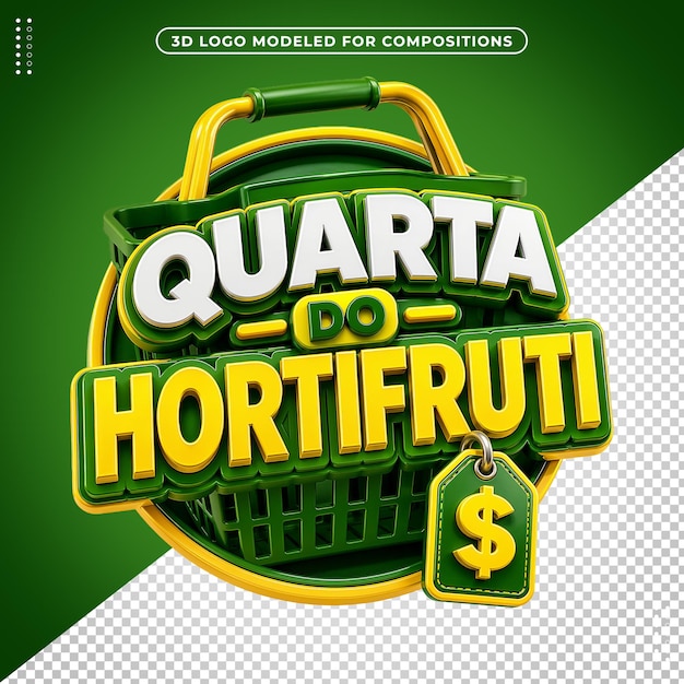Gratis PSD 3d handlekurv og prislapplogo for grønnsaksmarked.
