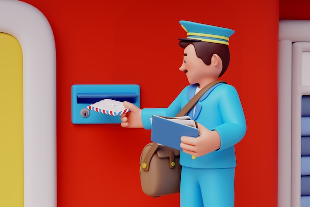 Gratis PSD 3d-rendering av postmann karakter