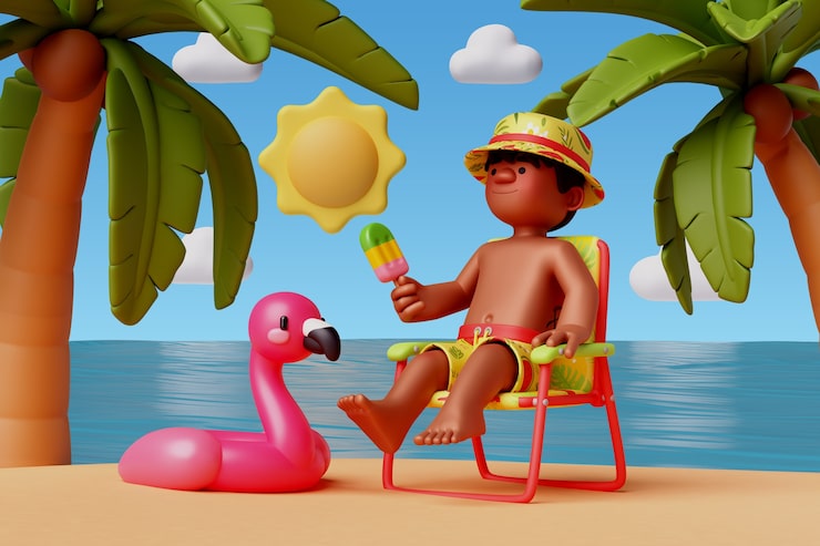 Gratis PSD 3d-visning av karakter på stranden om sommeren