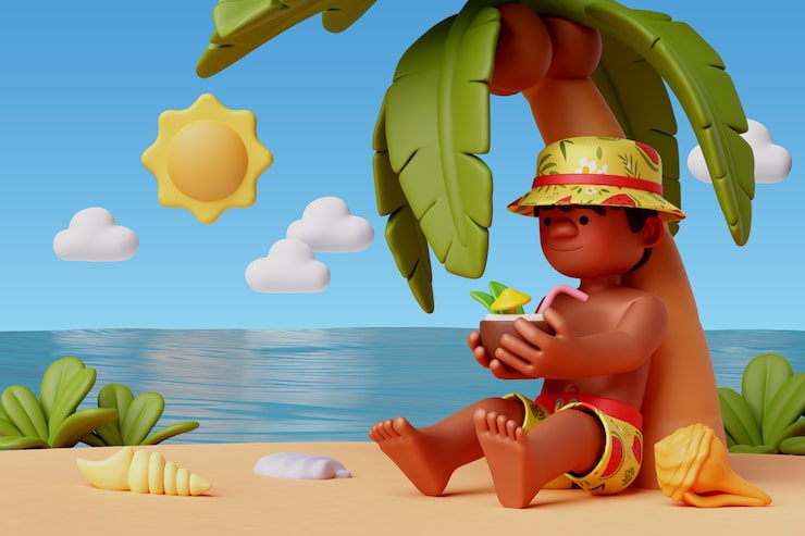 Gratis PSD 3d-visning av karakter på stranden om sommeren