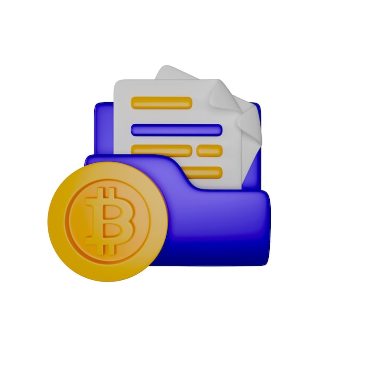 Gratis PSD bitcoin crypto-mapp med dokument och mynt i 3d-seriestil