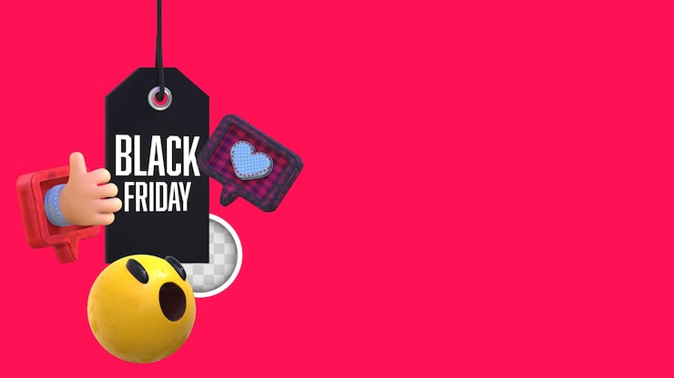 Gratis PSD black friday baggrund med emojier. 3d rendering
