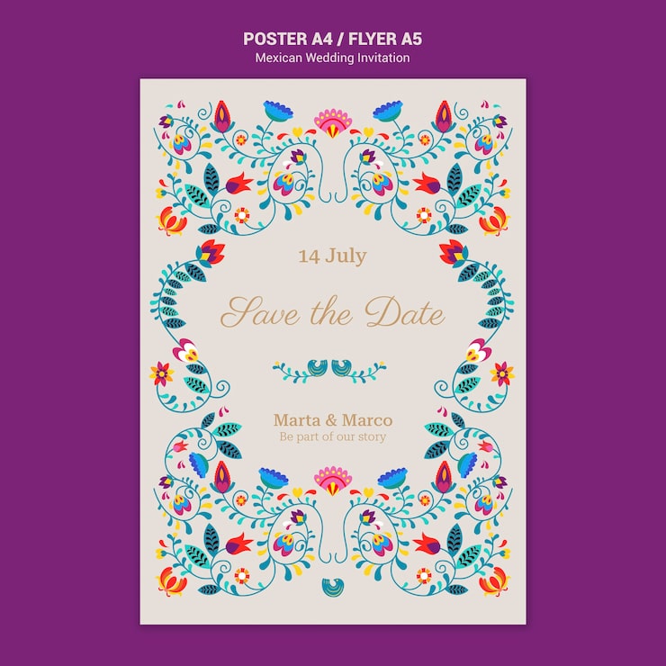 Gratis PSD blomstret mexicansk bryllupsinvitation plakat