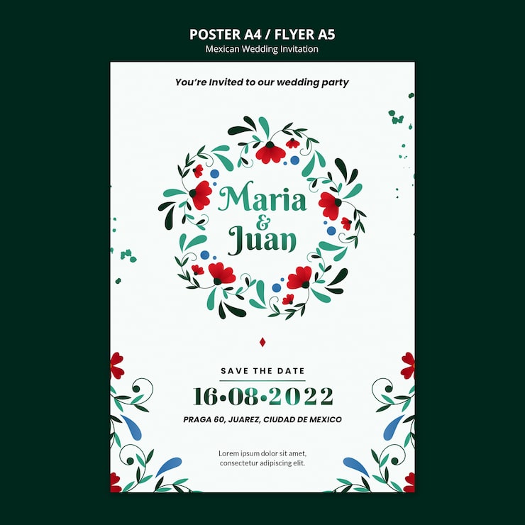 Gratis PSD blomstret mexicansk bryllupsinvitation
