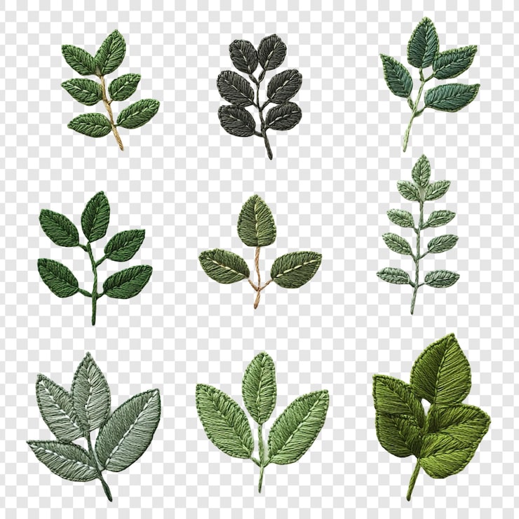 Gratis PSD broderede grønne blade en samling af ni unikke botaniske designs