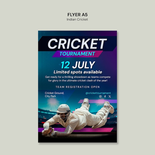 Gratis PSD cricketturnering flyer för indisk cricket