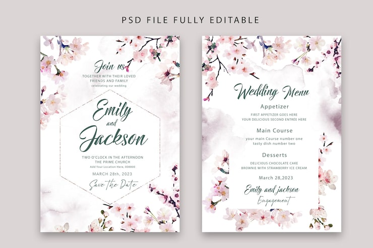 Gratis PSD elegant blomstrende akvarel psd blomster bryllupsinvitation