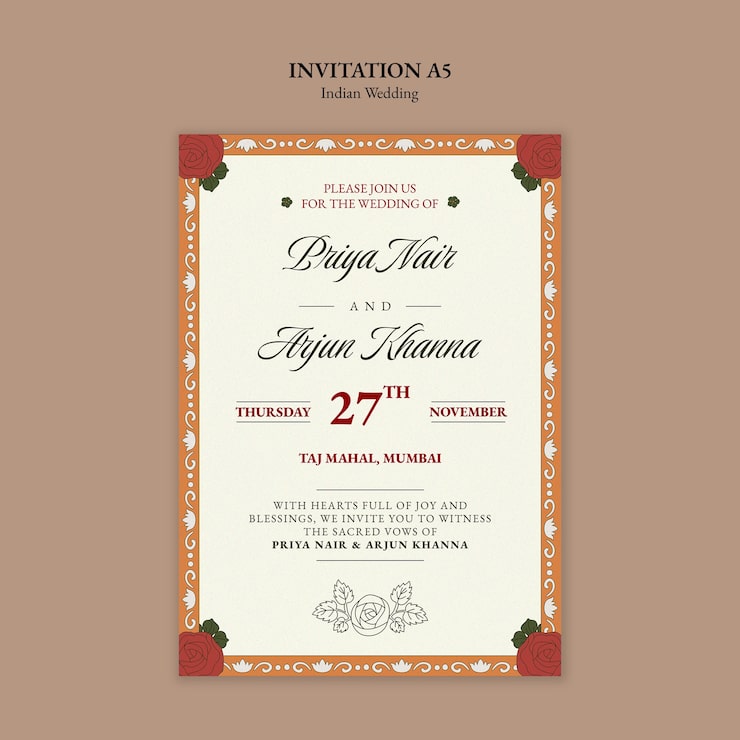 Gratis PSD elegant indisk bryllupsinvitationskort skabelon