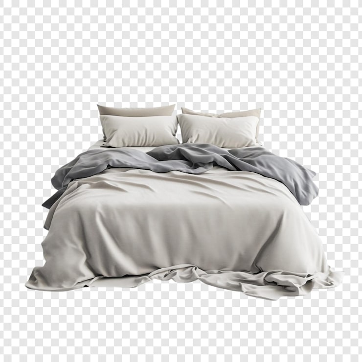Gratis PSD elegant obäddad säng med beige lakan och grått täcke
