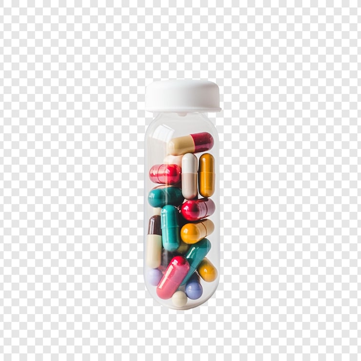 Gratis PSD färgglada kapslar i en transparent flaska