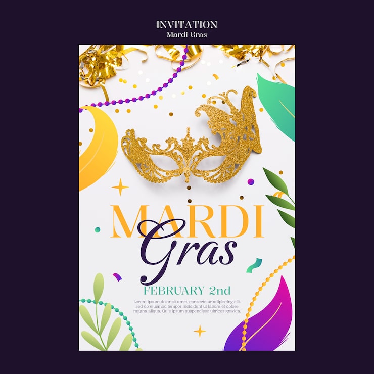 Gratis PSD flad design mardi gras indbydelsesskabelon