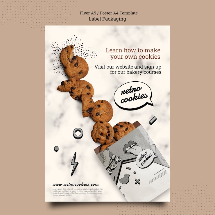 Gratis PSD flat design cookies emballasje plakatmal