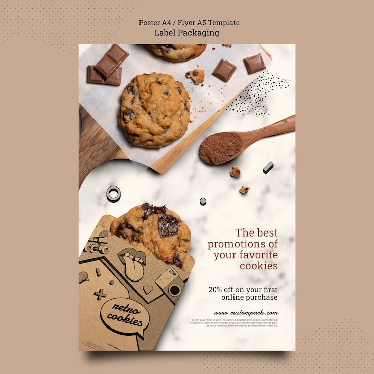 Gratis PSD flat design cookies emballasje plakatmal