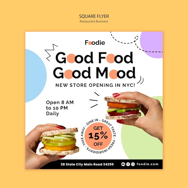 Gratis PSD flat design restaurant firkantet flyer mal