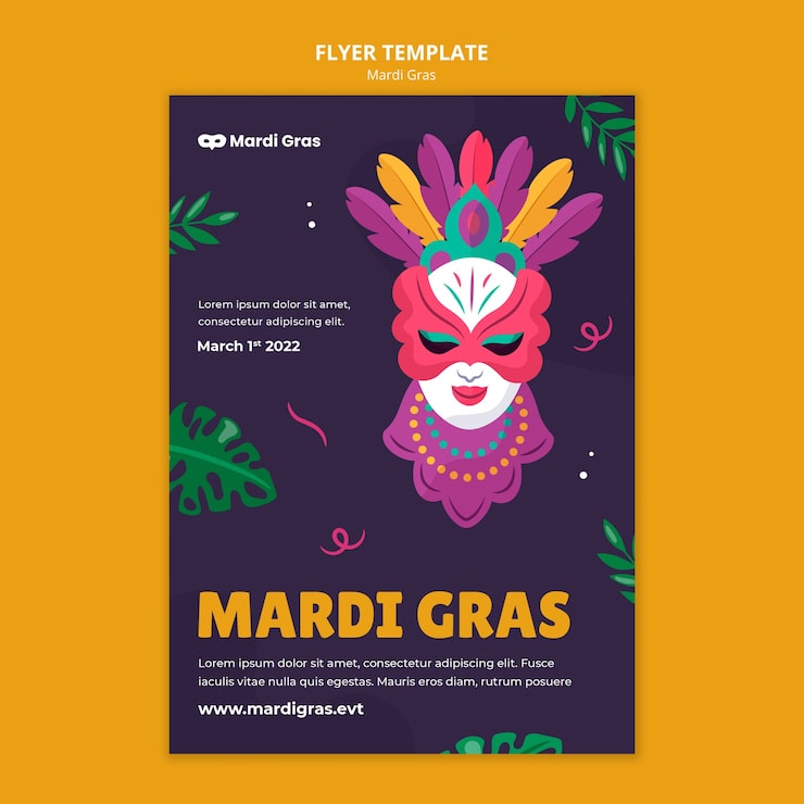 Gratis PSD flygblad för mardi gras-festivalen med kostym