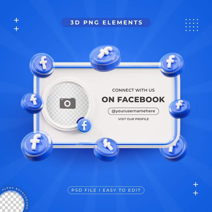 Gratis PSD følg os på facebook. profil. sociale medier. 3d-gengivelse isoleret til komposition