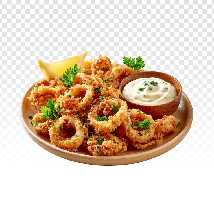 Gratis PSD frasiga friterade bläckfiskringar med citron och dippsås