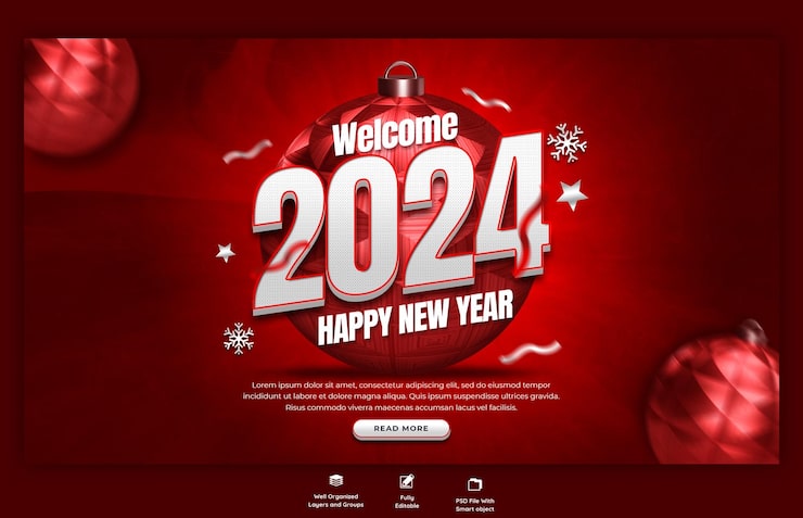 Gratis PSD godt nytår 2024 fest web banner design skabelon