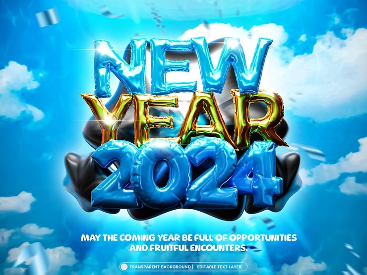 Gratis PSD godt nytår 2024 folie ballon 3d render skabelon