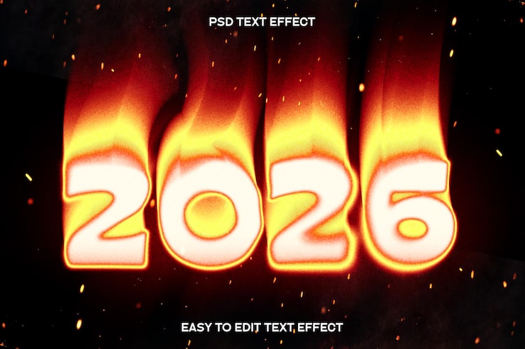Gratis PSD godt nytår 2026 flammende ild redigerbar teksteffekt