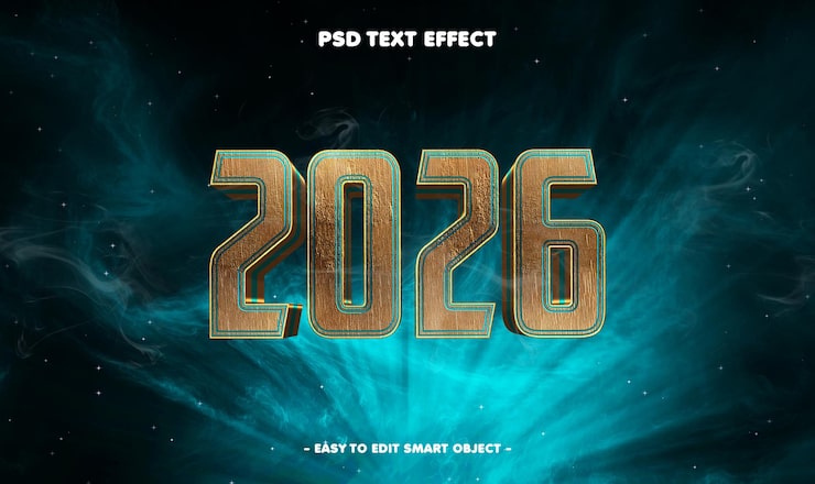 Gratis PSD godt nytår 2026 guld redigerbar teksteffekt
