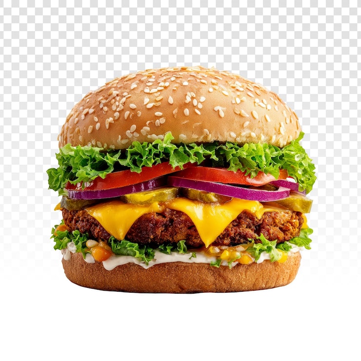 Gratis PSD gourmet-cheeseburger med friske grøntsager og sprød bøf