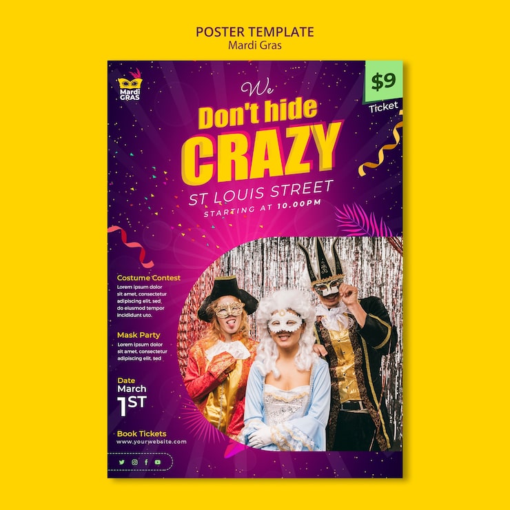 Gratis PSD gradient mardi gras plakat designskabelon