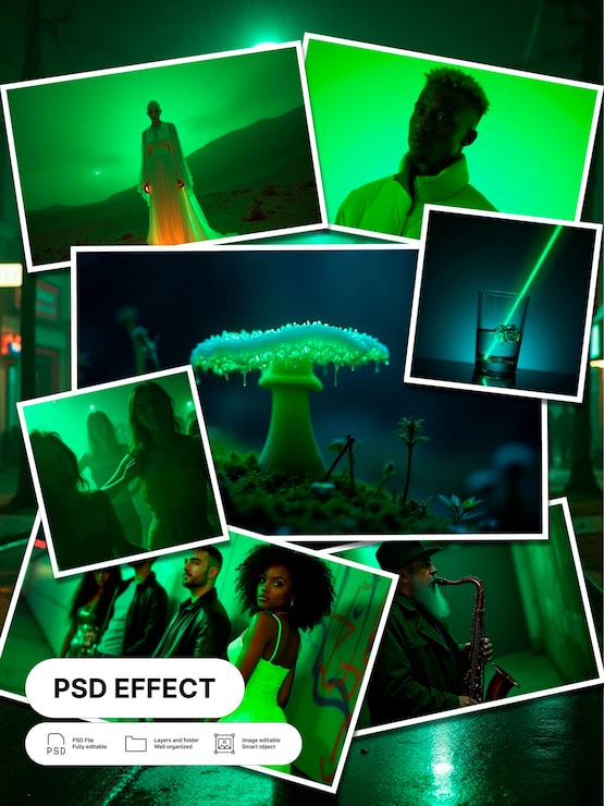 Gratis PSD grøn æstetik og neonfarver collageeffekt