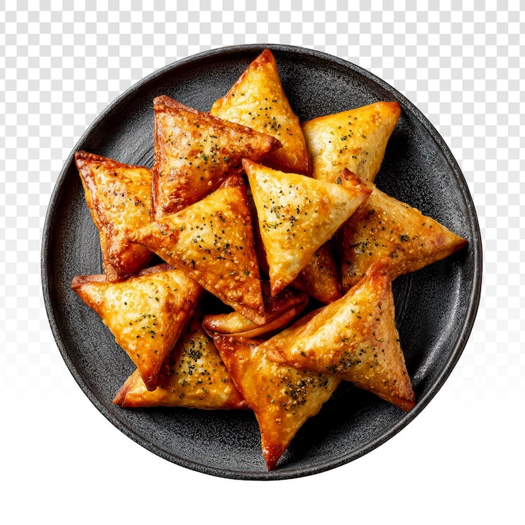 Gratis PSD gyllene salta trekantiga bakverk på en tallrik.