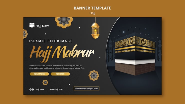 Gratis PSD hajj pilgrimsrejse vandret banner skabelon med mekka