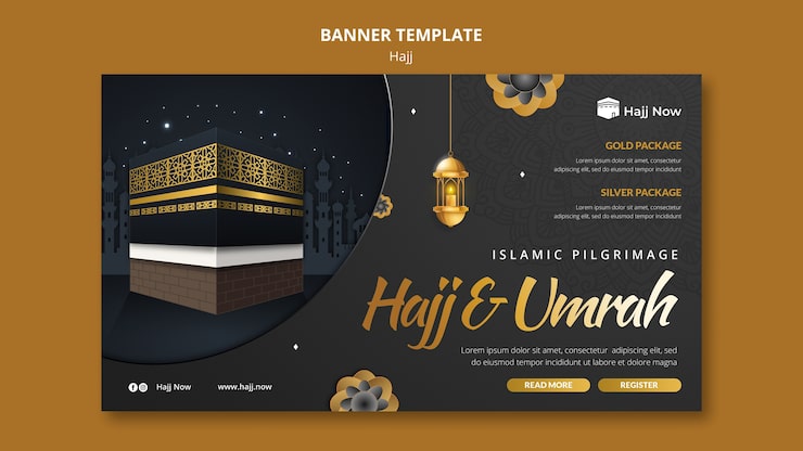 Gratis PSD hajj pilgrimsrejse vandret banner skabelon med mekka