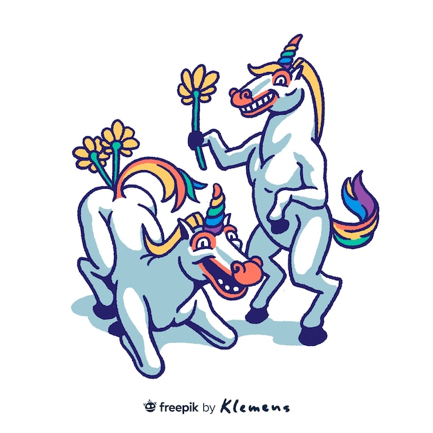 Gratis PSD handritade glada enhörningar med blommor