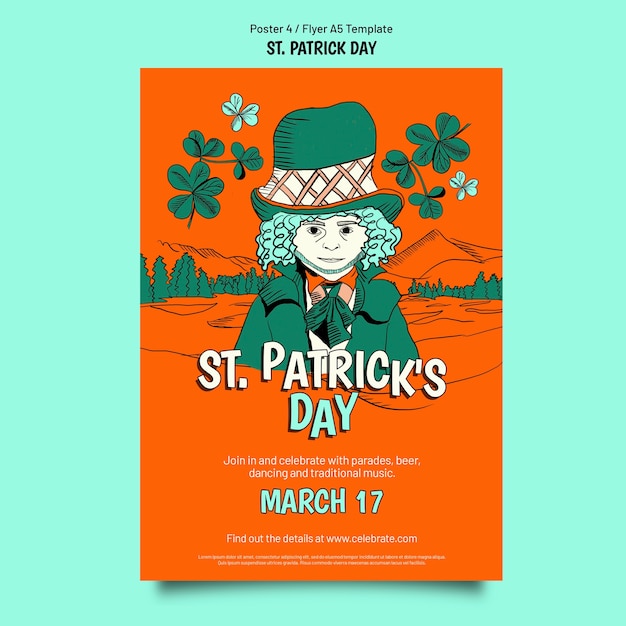 Gratis PSD håndtegnet plakatmal for st. patrick's day