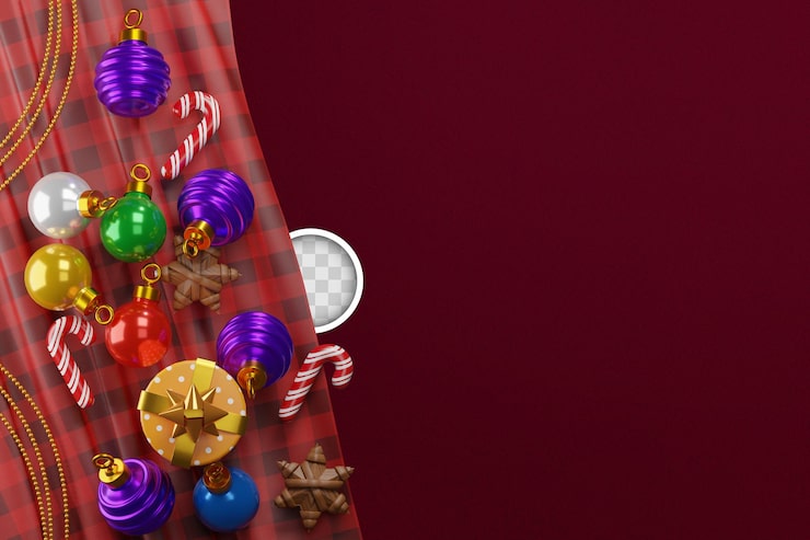 Gratis PSD julebaggrund med dekorationer og lys. 3d illustration