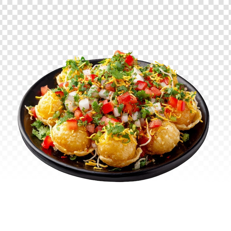 Gratis PSD läcker indisk pani puri chaat på en svart tallrik.