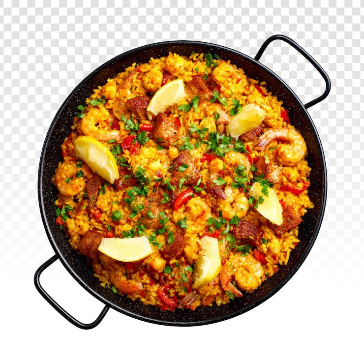 Gratis PSD läcker skaldjurs- och kycklingpaella i en traditionell panna