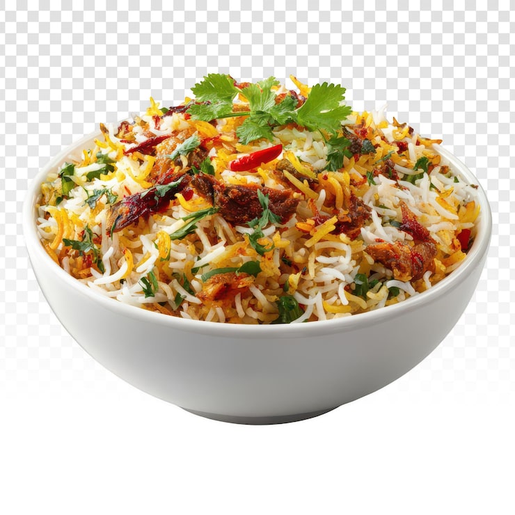 Gratis PSD lækker kyllingebiryani i en hvid skål med gennemsigtig baggrund