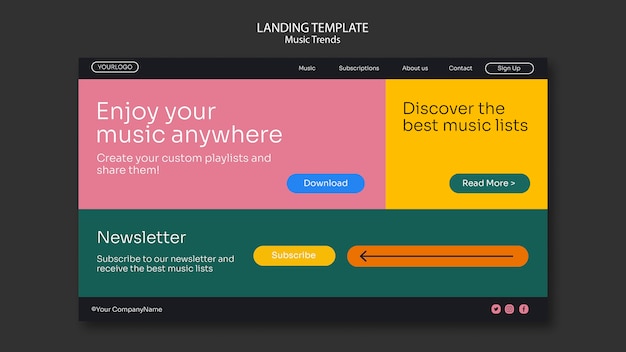 Gratis PSD landing side musikkstrømmeplattform mal